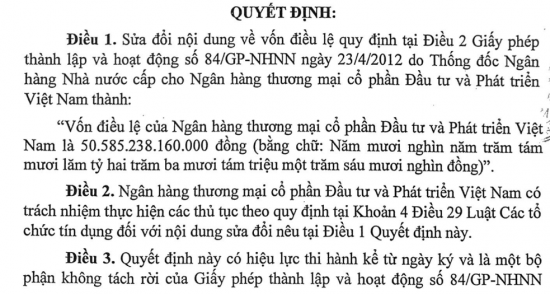 Ngân hàng TMCP Đầu tư và Phát triển Việt Nam công bố thông tin thay đổi vốn điều lệ