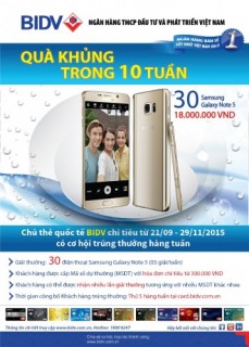 Cơ hội nhận Samsung Note 5 khi chi tiêu bằng thẻ quốc tế của BIDV